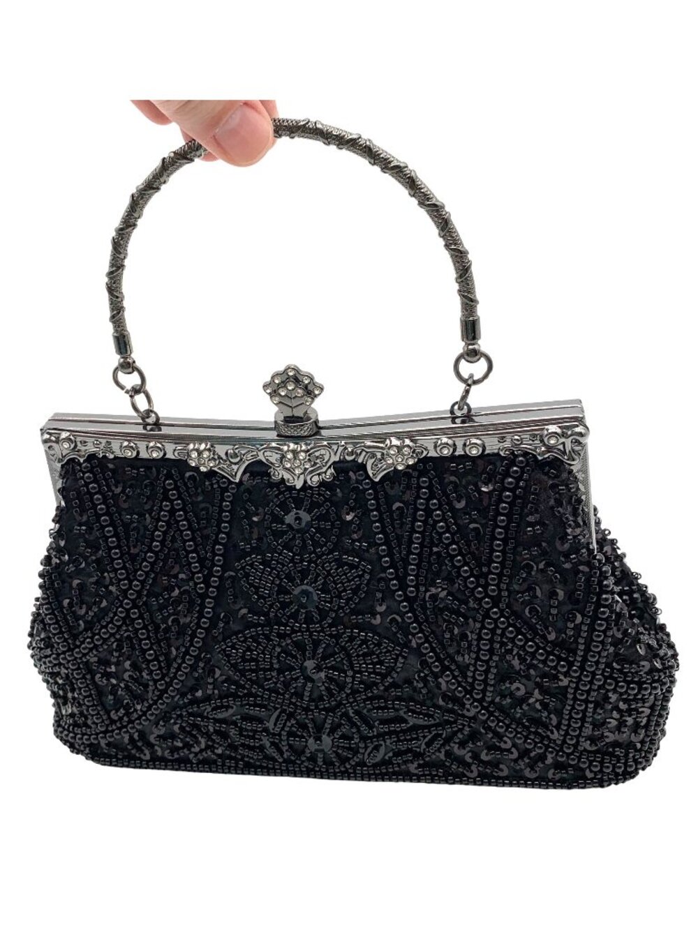 Black Beaded Evening Bag Rhinestone Cocktail Formal Purse Art Deco